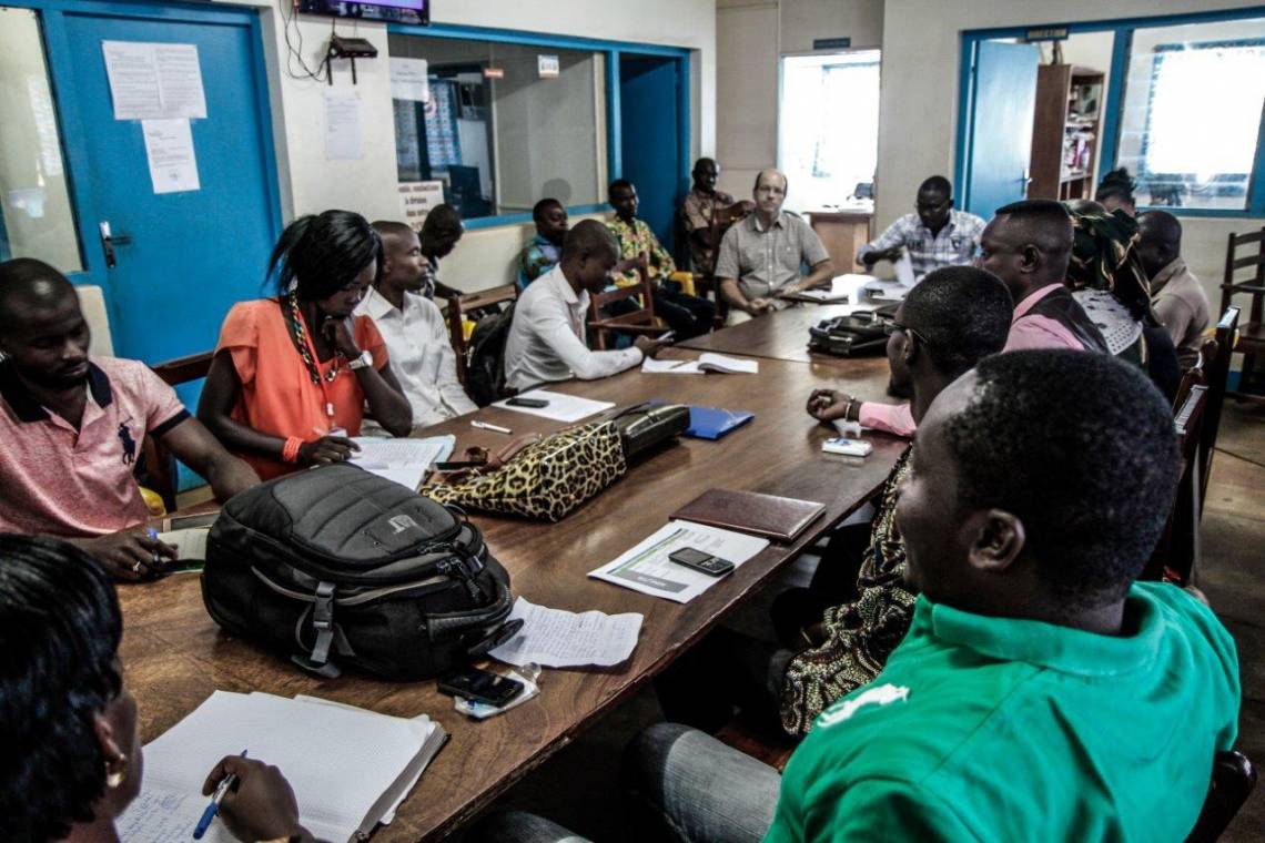 During the daily editorial meeting at Radio Ndeke Luka, Bangui, February 2017.