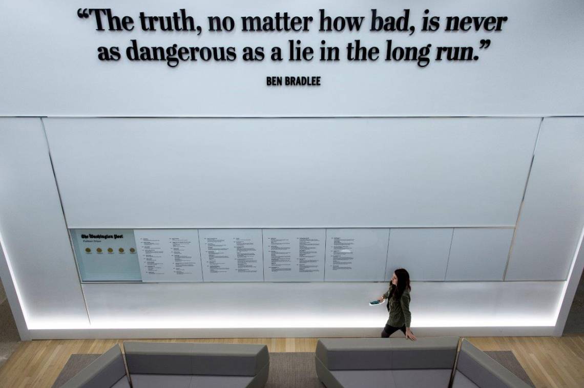 The wall of Pulitzer Prizes in the Washington Post’s new building March 3, 2016 in Washington, DC.