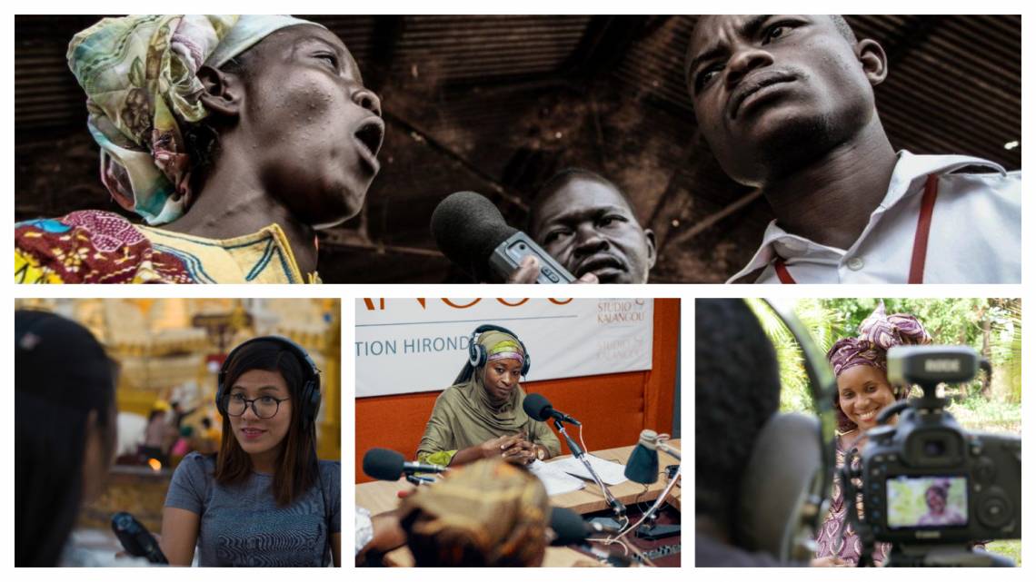 Journalistes et invités des médias et programmes de la Fondation Hirondelle en RCA, au Myanmar, au Niger et au Mali.