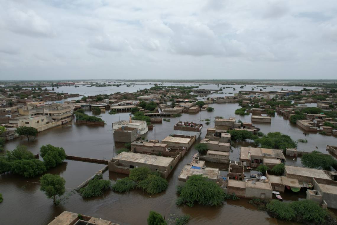 Aerial view of a flood-affected city in Pakistan