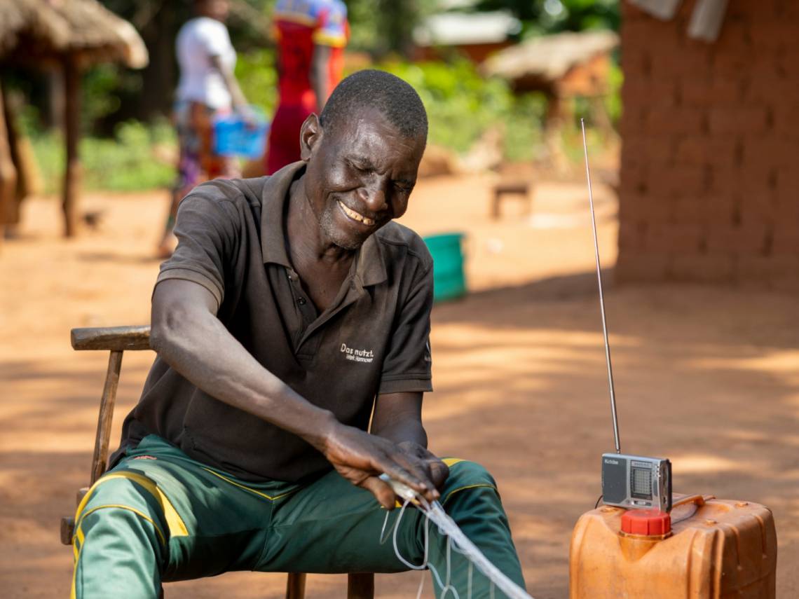 Alexis Baranissa, 58, listens to radio Zereda and Radio Ndeke Luka in Obo, in the south-east of the Central African Republic. Alexis has a leg injury that makes it difficult for him to move around. He says that radio &quot;brings him joy&quot;.