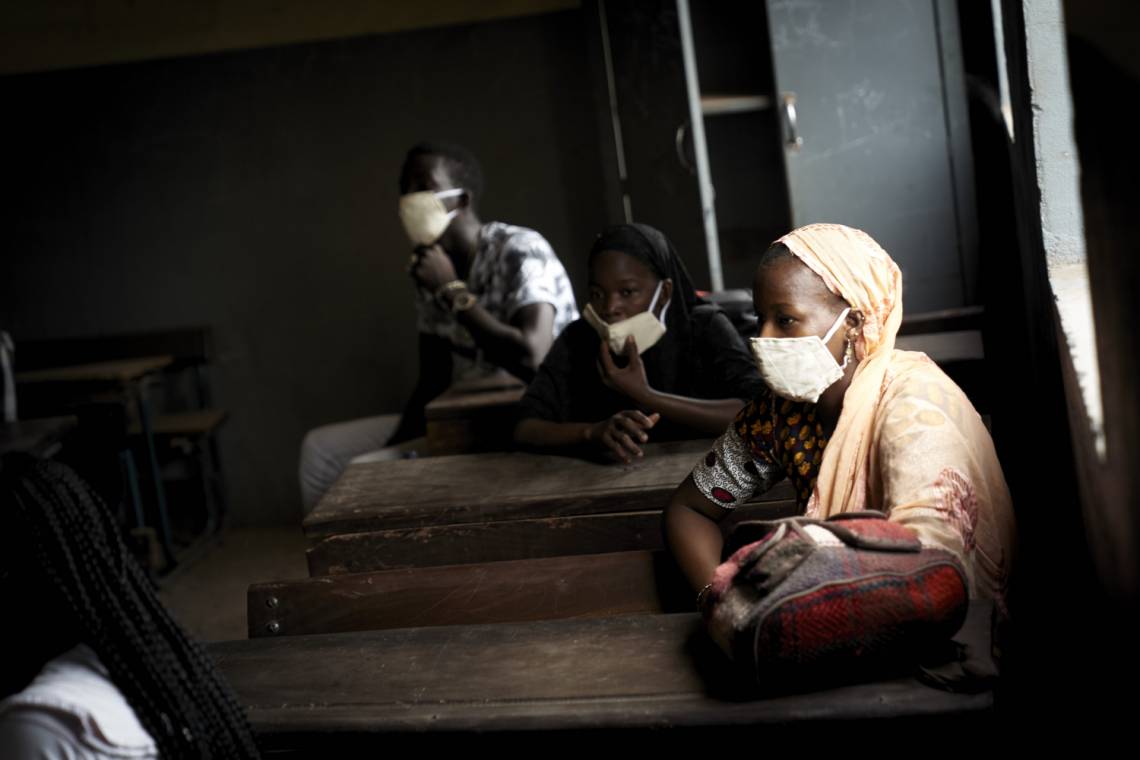 A Malian pupil wears a mask in the classroom of a school in Bamako on 2 June 2020. 