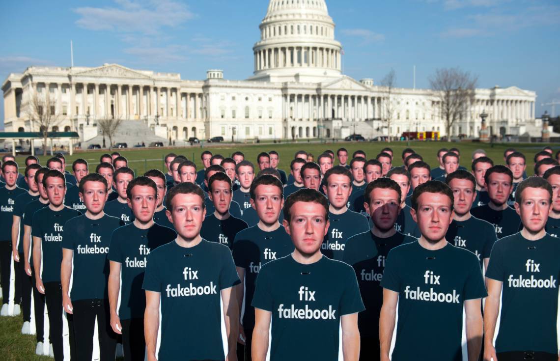 A demonstration in front of the US Capitol in Washington, DC, on April 10, 2018, to call attention to the use of fake accounts on Facebook.