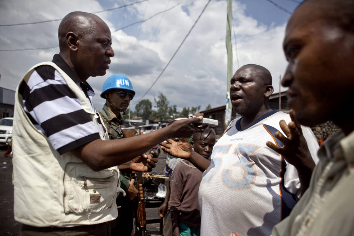 A journalist from Radio Okapi, the UN radio station in the Democratic Republic of Congo, reporting in Masisi, east of the DRC, in November 2011.