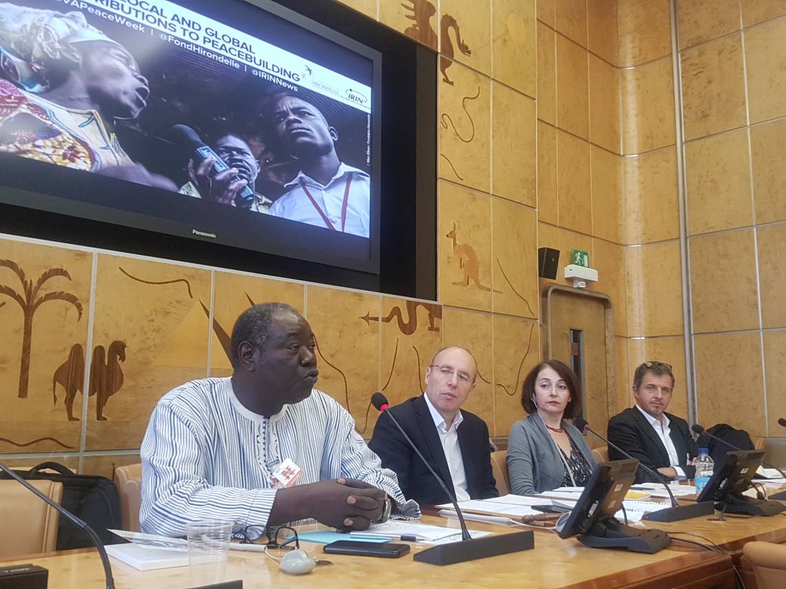 The panelists (from left to right): Martin Faye, Fondation Hirondelle&#039;s Representative in Mali, Stéphane Bussard, journalist at &quot;Le Temps&quot;, Josephine Schmidt, IRIN Editor-in-Chief, Michel Beuret, Head of Editorial Content at Fondation Hirondelle.