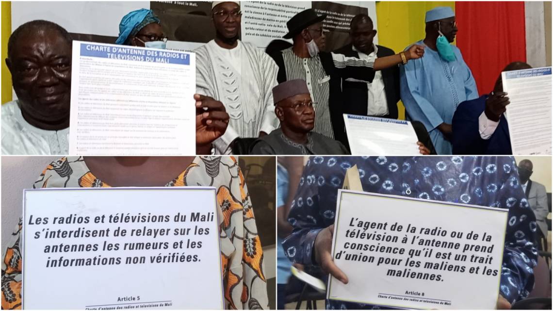 Pendant la cérémonie de signature de la charte, à la Maison de la presse de Bamako, le 13 février 2021.