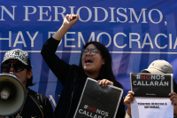 Demonstration von Journalist:innen und der Zivilgesellschaft in Guatemala Stadt vor den Wahlen am 25. Juni, März 2023.
